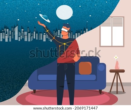 Travel the virtual world in the metaverse from home. future travel with metaverse. Illustration.