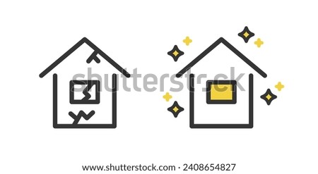 Illustration of a simple house before and after renovation.