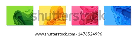 Set of four horizontal flyers in cut paper style. Blue, green, yellow and pink template for posters, brochures, presentations, invitations with place for text . Collection of vector cards