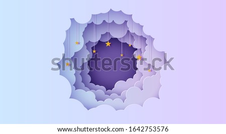 Night sky clouds round frame with stars on rope in paper cut style. Cut out 3d background with violet and blue gradient cloudy landscape papercut art. Vector card for wish good night sweet dreams