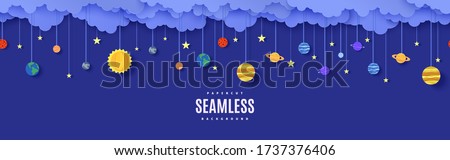 Night sky seamless pattern with planets and stars on rope in paper cut style. Cut out 3d background with cloudy landscape with space solar system papercut art. Kids vector origami repetitive border