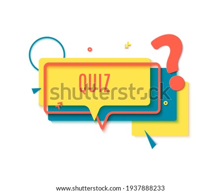 Quiz online label in paper cut style. Layout banner with yellow rectangular speech bubble red frame and question mark. Layered papercut sticker with geometric shapes for ad flyer. Vector illustration.