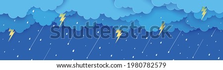 Rain thunder lightning and clouds in the paper cut style. Vector storm weather concept with falling water drops from the cloudy sky and flash. Storm papercut background horizontal banner