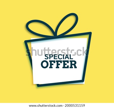 Special offer discount black frame and white rectangle in paper cut style. Outline gift box shape with bow on yellow background. Vector sticker with place for promotion text, price tag, sale ad