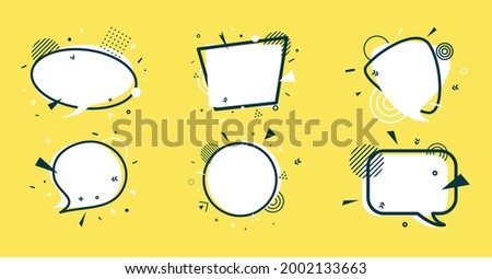 Set of white speech bubbles with abstract geometric shapes. Outline six stickers with black frames on yellow background. Flat banners with place for promotion text, price tag, sale ad. Vector.
