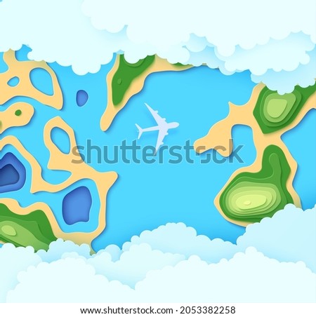 Top view cloudy landscape in paper cut style. Aerial view 3d background with airliner ocean forest and island. Vector papercut illustration of creative concept idea environment conservation and nature