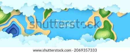 Top view cloudy landscape in paper cut style. Aerial view 3d background with ocean or sea forest and land. Vector papercut illustration of creative concept idea environment conservation and nature