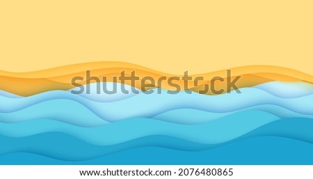 Top view beach background in paper cut style. 3d seaside yellow sandy coast and blue sea waves in summertime in papercut art. Vector card illustration cutout from cardboard