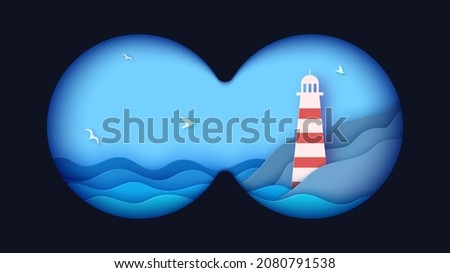 Binoculars viewfinder template. Realistic 3d illustration of transparent gradient lens and sea landscape. Vector card of view binoculars with soft blurry edges and ocean waves in paper cut style