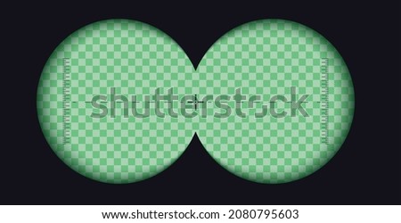 Binoculars viewfinder template. Vector card of view binoculars with soft blurry edges and transparency fields with measuring scale in the center. Realistic 3d illustration of transparent gradient lens