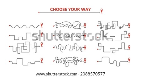 Set of difficult and easy simple way process from start to end. Vector card illustration with path to success outline art concept. Right and wrong way with messy line. The road from point a to point b