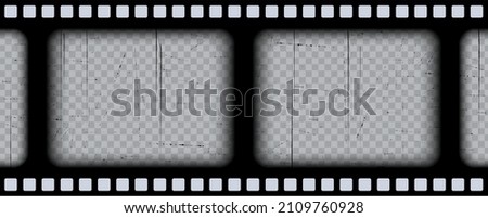 Old black cinematic frame on a transparent background. Scratched vintage video or photo tape. 3d realistic screen in retro style with grunge pattern. Antique slide template. Vector card illustration.