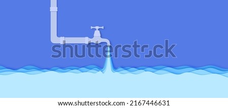 Faucet from which water flows in paper cut style. Flowing liquid and waves in blue papercut art. Water pipe with tap valve. Save the Water ecological poster. Environment card template. Vector card.