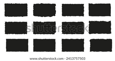 Set of torn paper pieces. Black grunge jagged rectangle frames. Vector torn paper sheet for sticker, collage, banner. Ripped shapes silhouettes isolated on white background