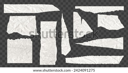 Set of torn paper pieces. White grunge jagged borders, corners and rectangular frames. Vector torn paper sheet for sticker, collage, banner. Ripped geometric shapes isolated on grey background.
