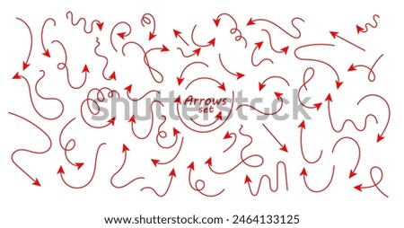 Set of hand drawn thin line arrows. Collection of curved pointers. Red pointers pointing in different directions. Simple design elements of a signpost showing a confusing complex path.