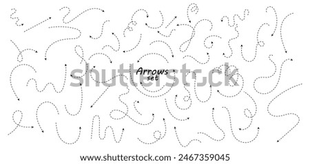 Set of hand drawn thin dash line arrows. Collection of curved pointers. Black dot vector pointers pointing in different directions. Simple design elements of signpost showing confusing complex path.