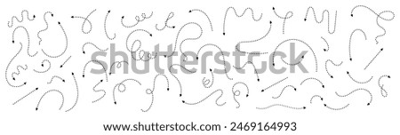 Set of hand drawn thin dash line arrows. Collection of curved pointers. Black dot vector pointers pointing in different directions. Simple design elements of signpost showing confusing complex path.