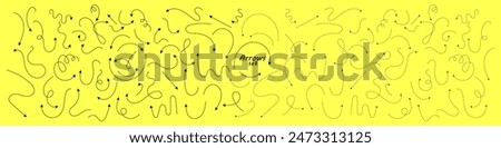 Big set of hand drawn thin line and dash line arrows. Collection of black curved vector pointers pointing in different directions. Simple design elements of a signpost showing confusing complex path