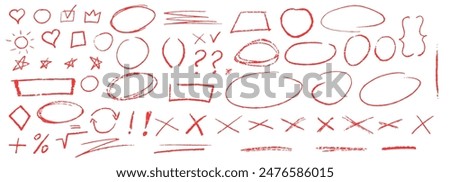 Red underline pencil hand drawn various ellipses, punctuation marks, direction pointers, arrows, stars, question mark and exclamation point. Vector grunge red strike through and underline elements