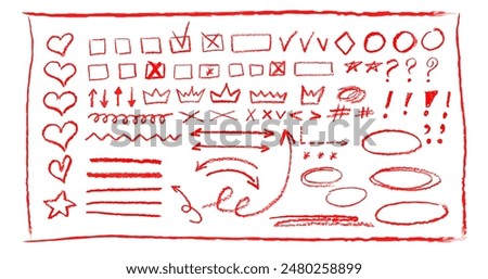 Red underline pencil hand drawn various ellipses, punctuation marks, direction pointers, arrows, stars, question mark and exclamation point. Vector grunge red strike through and underline elements