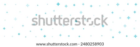 Green cross or plus symbols of different sizes and opacity on white background. Vector illustration on cyan background with stars. Abstract pattern of blue medical cross or mathematical plus pictogram