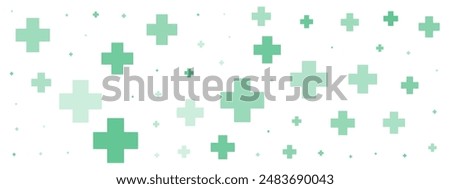 Green cross or plus symbols of different sizes and opacity on white background. Vector illustration on cyan background with stars. Abstract pattern of blue medical cross or mathematical plus pictogram