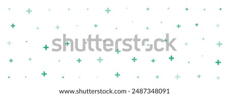 Green cross or plus symbols of different sizes and opacity on white background. Vector illustration on cyan background with stars. Abstract pattern of blue medical cross or mathematical plus pictogram