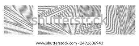 Sound wave irradiation or circular vibrations on the water surface. Set of circular tree rings backgrounds. Abstract radial oblique smooth lines pattern. Vector collection of monochrome backdrops