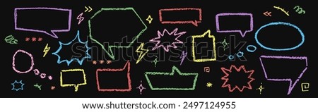 Speech bubbles crayon set. Collection of hand drawn chalk lightning, flash, stars signs. Child colorful dialog boxes on black background. Vector pastel handwriting comic text clouds in doodle stile