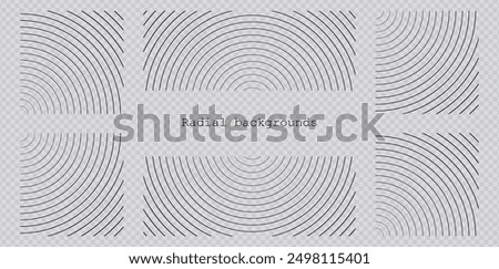 Sound wave irradiation or circular vibrations on the water surface. Set or circular stripe backgrounds. Abstract radial pattern. Square and rectangular monochrome backdrops. Vector illustration