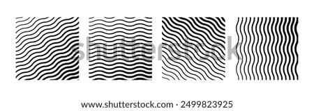 Set of geometric backgrounds with monochrome water surface texture. Black wavy lines that go from thin to thick. Striped waves drawn in ink. Vector illustration of horizontal and diagonal curved lines