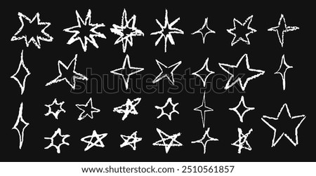 Set of fun like kid drawing white stars. Collection of wax pencil texture geometric elements. Night sky symbols scribble, doodle. Rough crayon or chalk vector illustration. Squiggles in children style