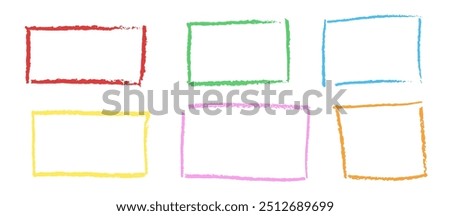 Set of wax pencil hand drawn frames. Collection of writing by children pastel rectangular and square geometric shapes. Colorful doodle style outline text boxes with grunge texture. Vector illustration