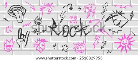 Subway tile with graffiti. Black and pink grunge rock doodle elements. Rock n roll, punk music symbols. Vector wall brick with charcoal drawn lightnings, cloud, arrows, punks and cartoon faces.