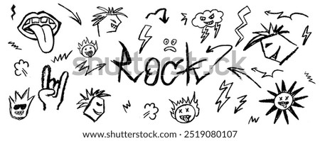 Grunge rock set of doodle elements. Wax pencil drawing mouth with tongue hanging out, punks and cartoon faces in the style of an informal music subculture. Vector goat gesture and other rock symbols.