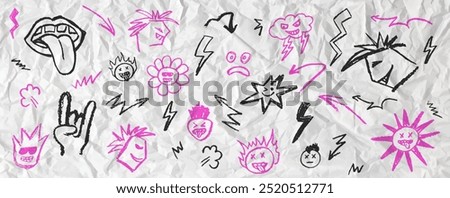 Grunge rock set of blackand pink doodle elements. Wax pencil drawing mouth with tongue hanging out, punks and cartoon faces in the rock n roll music style. Vector goat gesture on black background