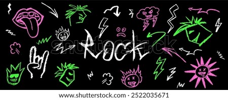 Grunge rock set of green and pink doodle elements. Wax pencil drawing mouth with tongue hanging out, punks and cartoon faces in the rock n roll music style. Vector goat gesture on black background