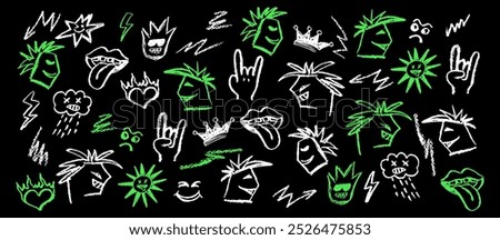 Grunge rock set on blackboard of acid green elements. Wax pencil drawing mouth with tongue hanging out, white charcoal stroke cartoon cloud in the style and goat gesture. Vector rock symbols