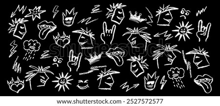 Grunge rock set on blackboard of doodle elements. Wax pencil drawing mouth with tongue hanging out, white charcoal stroke cartoon cloud in the style and goat gesture. Vector rock symbols illustration