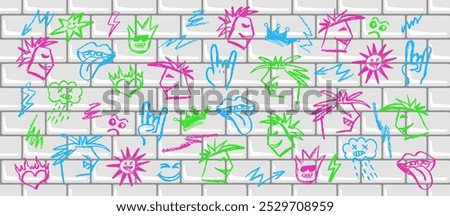 Grunge rock set on metro brick wall of color elements. Wax pencil drawing mouth with tongue hanging out, colorful charcoal stroke cartoon cloud in the style and goat gesture. Vector graffiti symbols