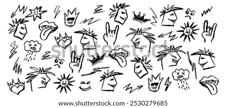 Grunge rock set background of doodle elements. Wax pencil drawing mouth with tongue hanging out, black charcoal stroke cartoon cloud in the style and goat gesture. Vector illustration rock symbols set