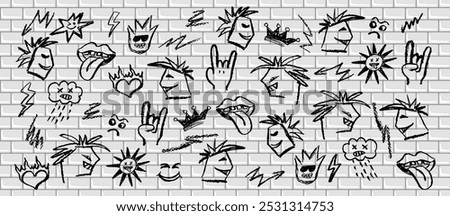 Grunge rock set on metro brick wall of black elements. Wax pencil drawing mouth with tongue hanging out, colorful charcoal stroke cartoon cloud in the style and goat gesture. Vector graffiti symbols