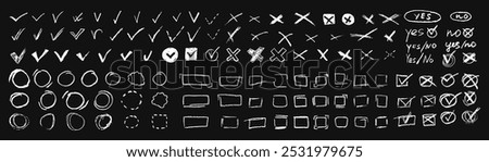 Set of voting elements. Yes or no signs and square, rectangular or round filled boxes for hand-drawn choices. Vector sketch of quiz elements OK, correct or incorrect for answering test questions