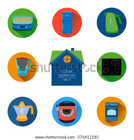 home kitchen appliances and electronics icon set. Flat style icons collection. Colorful elements for design web and mobile applications.