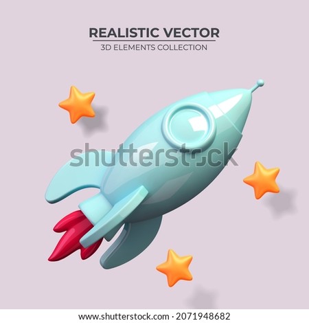 Flying blue space rocket in space with stars. Spaceship launch business product on market concept. Rocket 3d icon. Realistic creative conceptual symbol of startup. Vector illustration