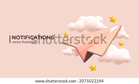 Paper plane in pink sky. Realistic 3d design. Concept Online social network. Business communication applications. Marketing concept. Vector illustration