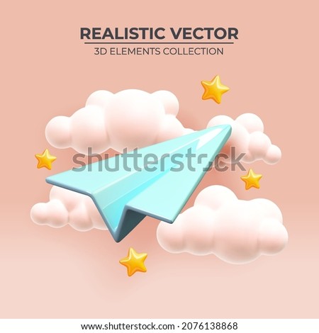 3d render of flying paper airplane in pink sky. Realistic 3d design. Concept Online social network. Business communication applications. Marketing concept. Vector illustration