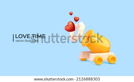 Realistic Love concept with red heart. Love cartoon explosion. Falling in love. Love firework. Realistic 3d canon with red heart. Realistic Elements for romantic design. Abstract cartoon design.