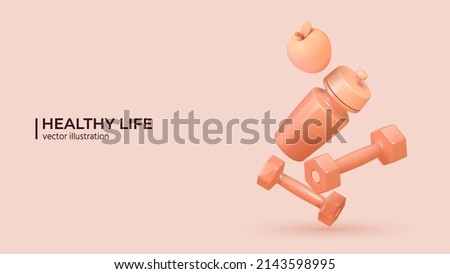 Healthy lifestyle concept. 3d set of sport equipment. Realistic fitness inventory, gym accessories in trendy colors. Dumbbells, water bottle and an apple. Vector illustration in cartoon minimal style.